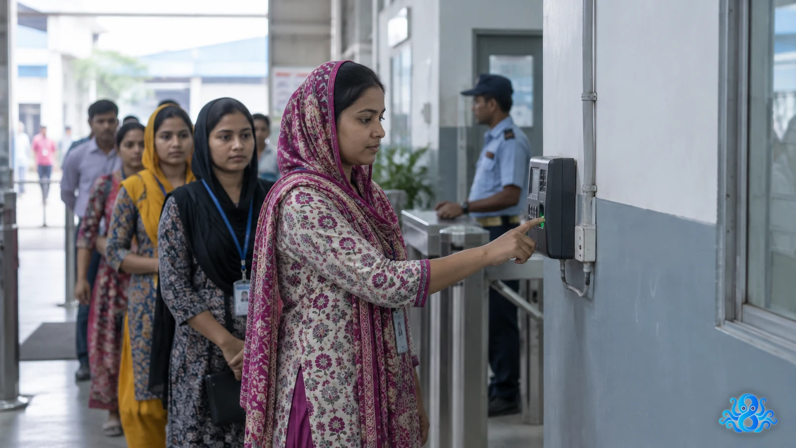 বাংলাদেশের একটি গার্মেন্টস ফ্যাক্টরির প্রবেশপথে দেয়ালে লাগানো বায়োমেট্রিক হাজিরা ডিভাইসে আঙুল রাখছেন একজন শ্রমিক