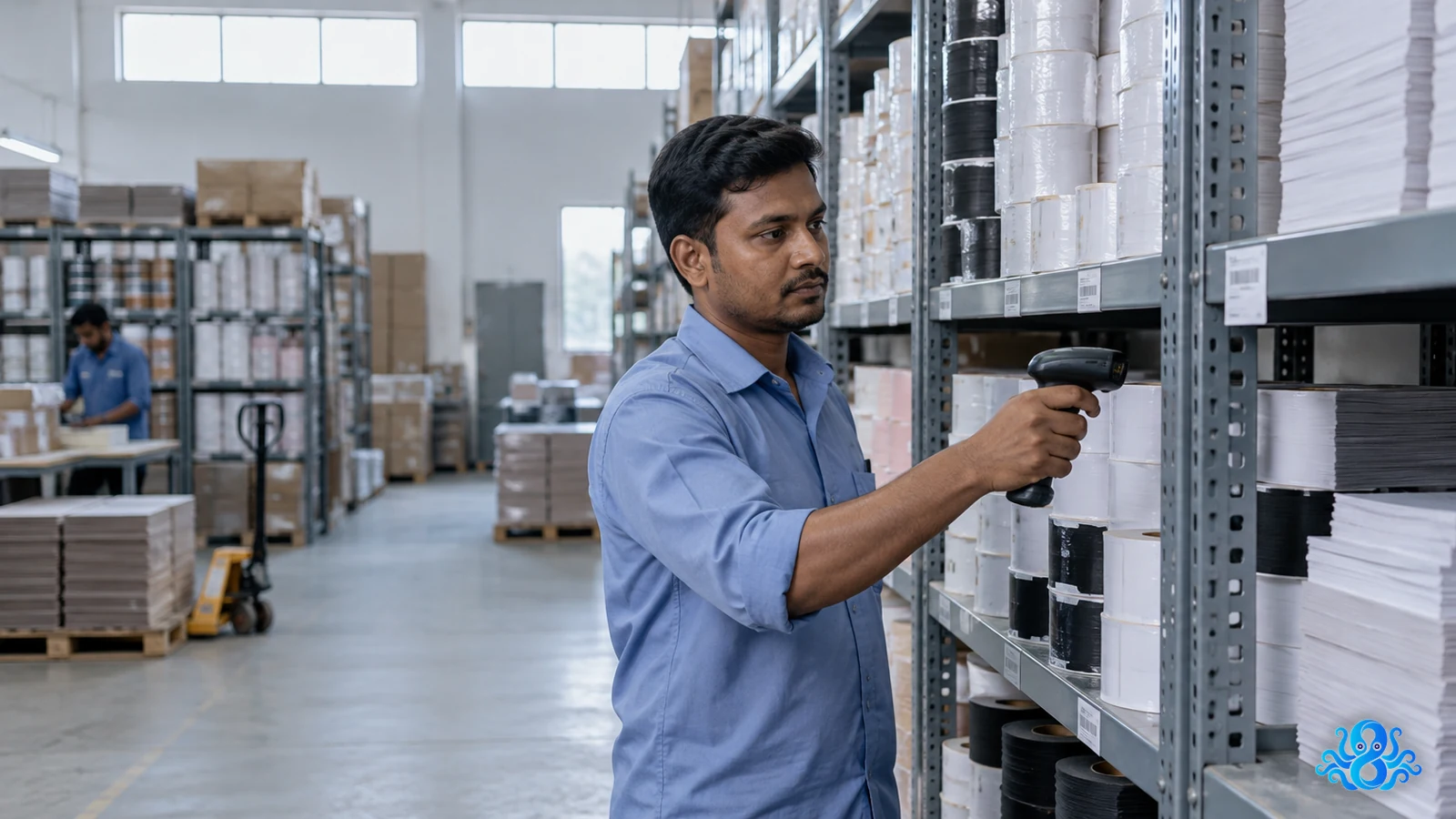 বাংলাদেশের একটি লেবেল ফ্যাক্টরির স্টোরে র‍্যাকে সাজানো টেপ ও কাগজের রোল, একজন স্টোরকিপার হাতে বারকোড স্ক্যানার নিয়ে স্টক গুনছেন