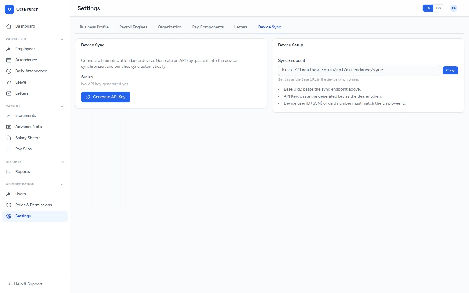 Device sync settings: generate an API key, paste the sync endpoint into the device synchronizer, and match device user IDs to employee IDs