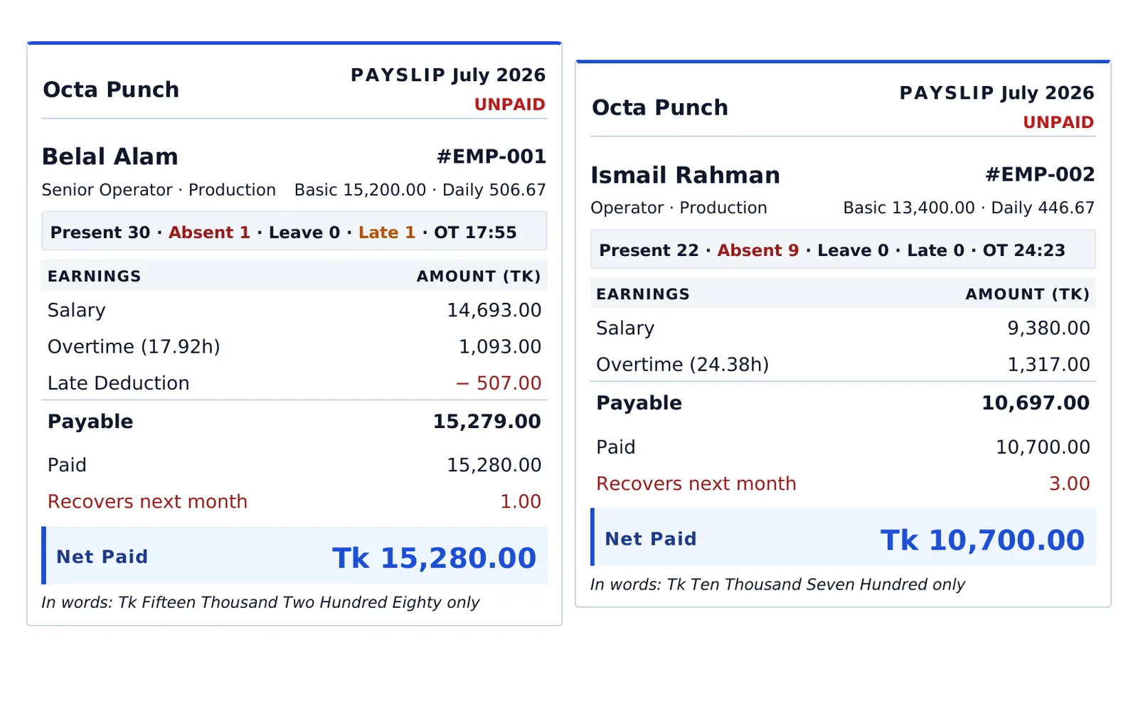 Two pay slips from the combined PDF: employee, designation, present, absent and overtime, earnings, payable, paid and net paid in Taka with the amount in words