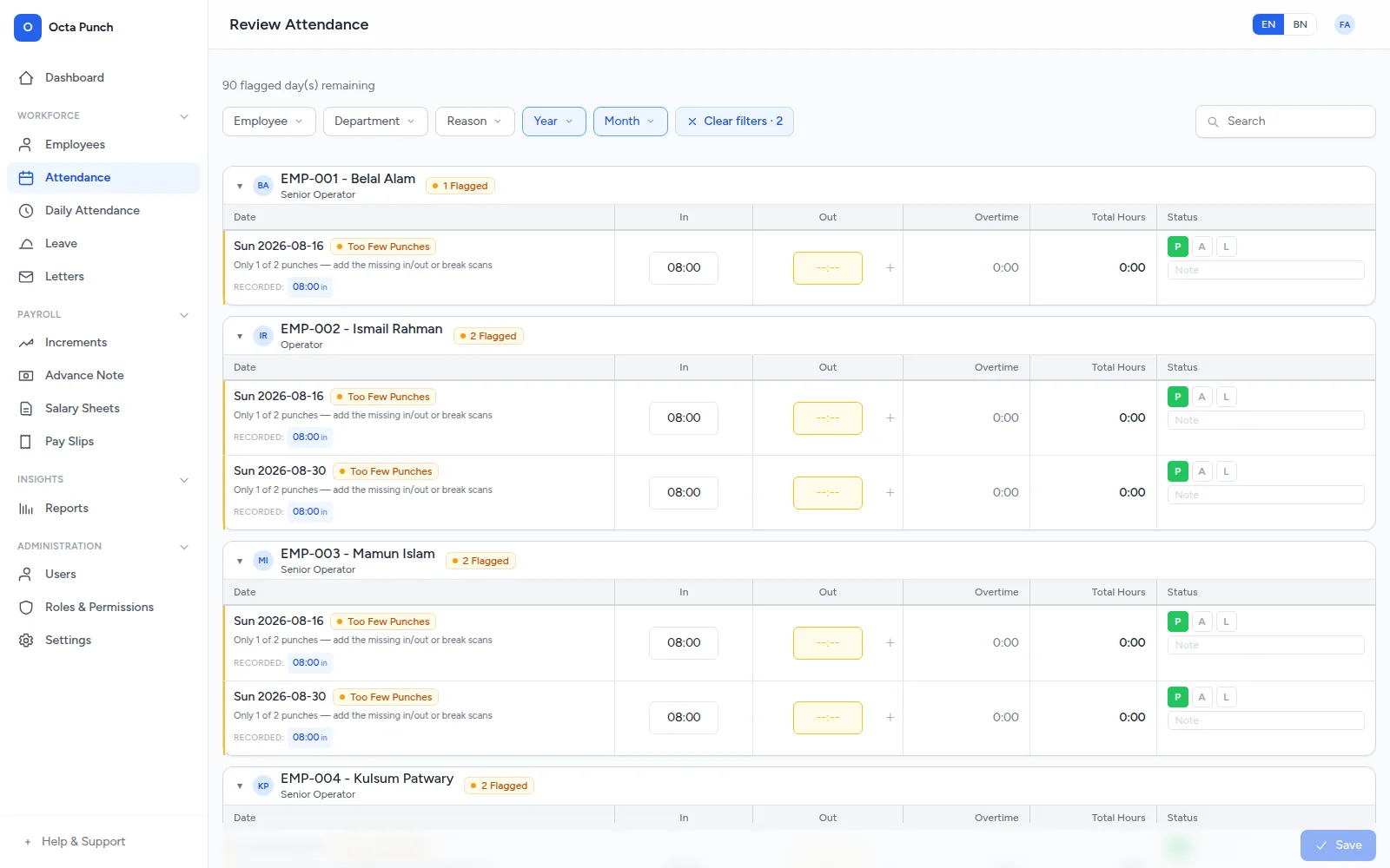 Review attendance queue grouped by employee: flagged days with a missing clock-out, an editable out time, and present, absent or leave buttons